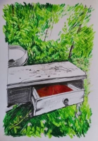 Bild "Schreibtisch", Bleistift, Ölkreide, Collage auf Papier