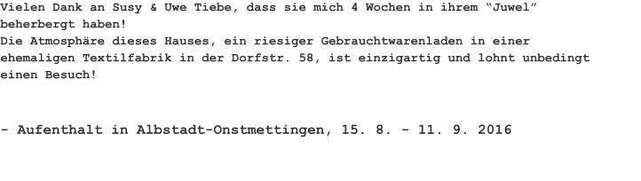 Vielen Dank an Susy & Uwe Tiebe, dass sie mich 4 Wochen in ihrem “Juwel” beherbergt haben! Die Atmosphäre dieses Hauses, ein riesiger Gebrauchtwarenladen in einer ehemaligen Textilfabrik in der Dorfstr. 58, ist einzigartig und lohnt unbedingt einen Besuch! - Aufenthalt in Albstadt-Onstmettingen, 15. 8. - 11. 9. 2016