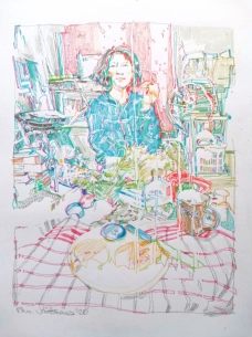 "Zerbrechlicher Moment (Osterfrühstück mit meiner Schwester)", Buntstift auf Papier, 2020